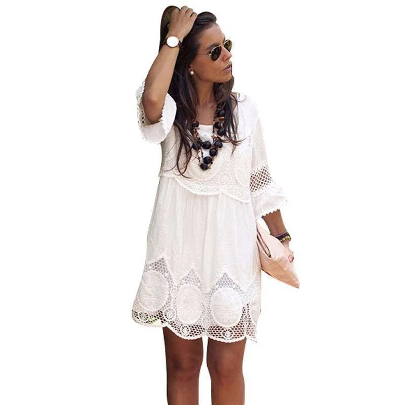 Plus Size Loose White embroidery Lace Long Shirt / Mini Dress  (US 4-28w) Stylish Plaid Mini Dress