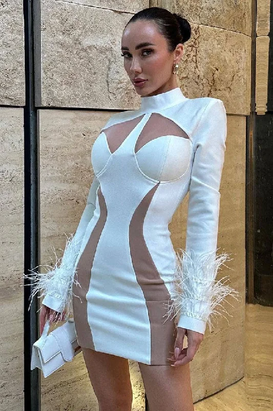 Unique High Neck Feather Trim Long Sleeve Contrast Bandage Mini Dress - White Cozy Long Sleeve Mini Dress