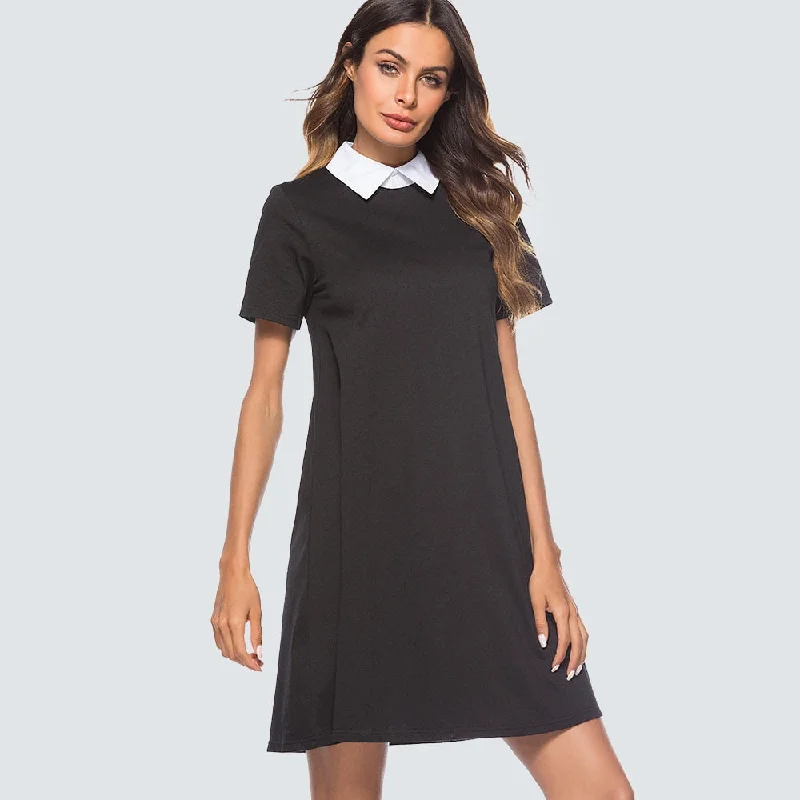 Women Casual Brief Solid Color Shift Mini Dress Black Turn-down Collar Short Sleeve Straight Lady Dress HT035 Cozy Cowl Neck Mini Dress