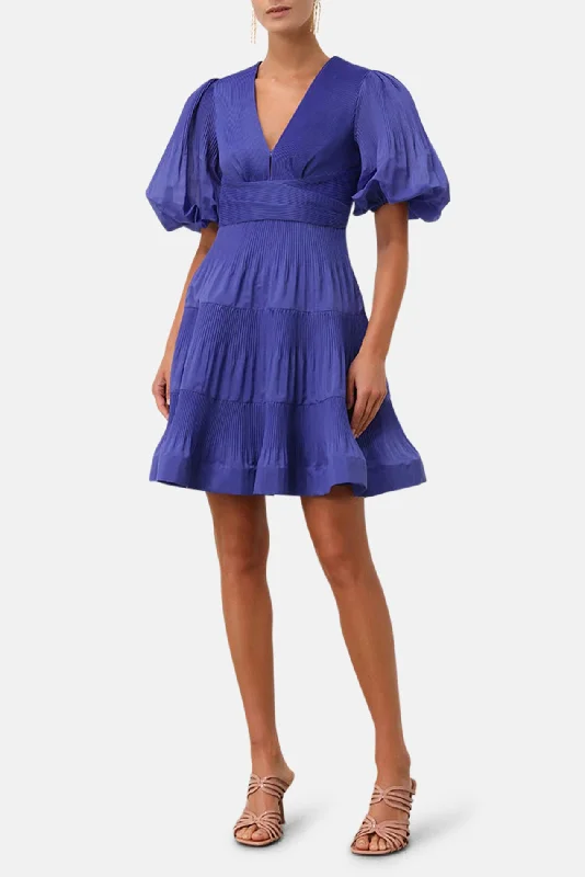 Pleated Mini Dress Lapis Elegant Lace-Up Mini Dress