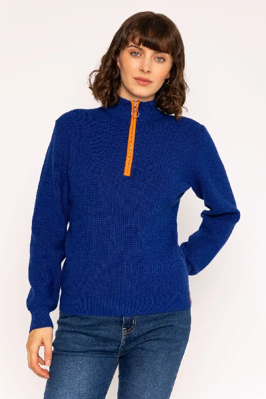 1/4 Zip Placket Contrast Knit Jumper in Cobalt Blue Iron Safe Non-Iron Wrinkle Free