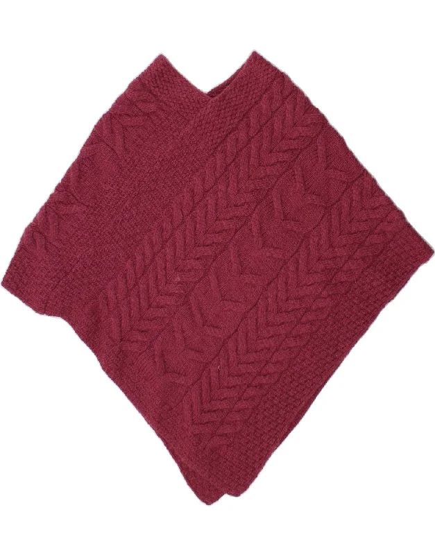 ARAN Womens Poncho Jumper One Size Burgundy Merino Wool Elasticated Padded Insulated