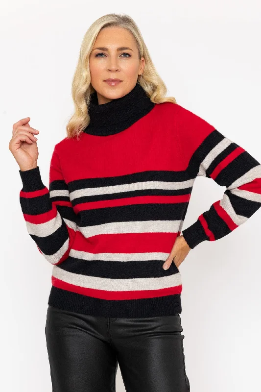 Black & Red Striped High Neck Jumper Front Pockets Side Pockets Patch Pockets