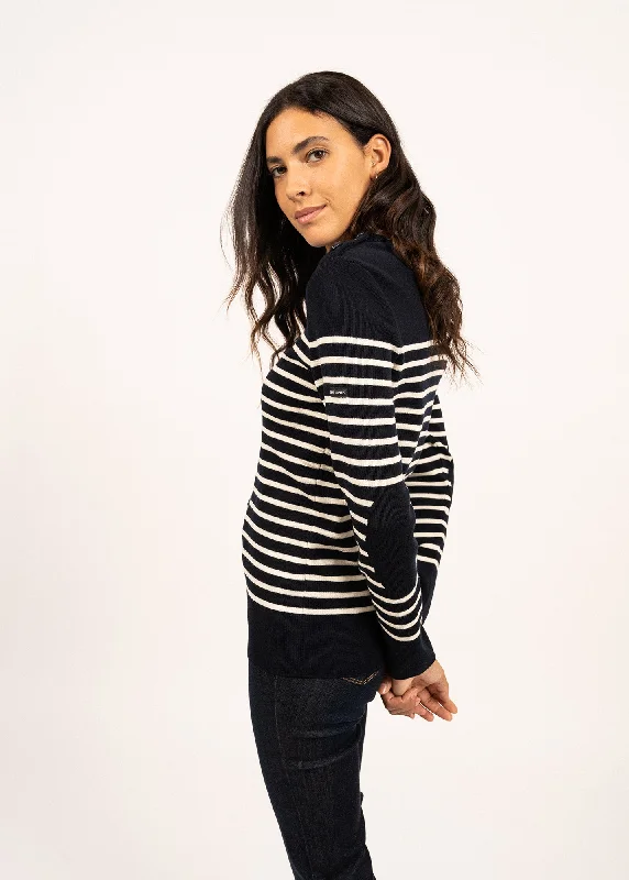 Bregançon striped sailor jumper - solid elbow patches, in wool (NAVY/ECUME) High Neck Crew Neck V-Neck