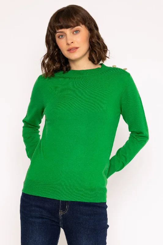 Button Detail Knit Jumper in Green Graphic Sweater Embroidered Appliqued