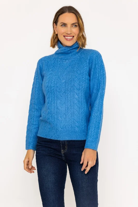 Funnel Neck Knit Jumper in Blue Nylon Fabric Polyester Fabric Spandex Fabric