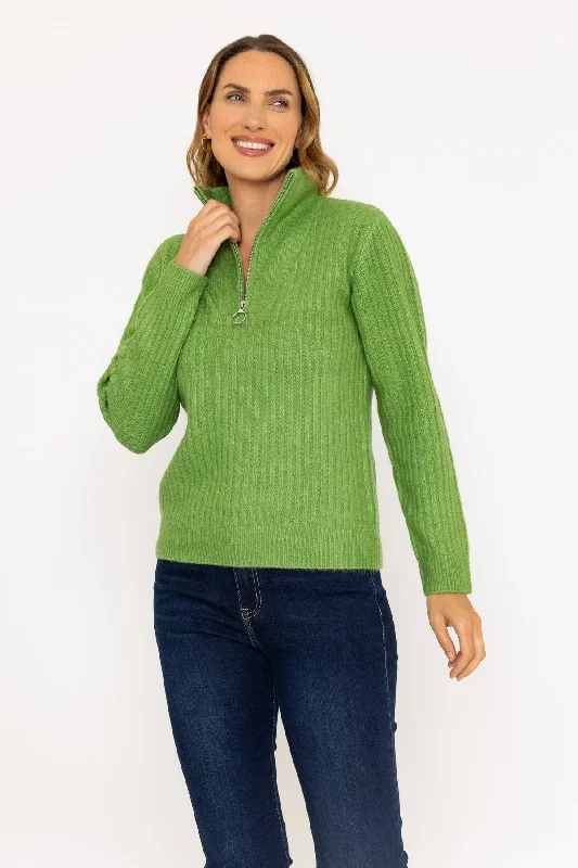 Green Cable Sleeve Knit Jumper with 1/4 Zip Detail Handmade Hand-knitted Hand-woven