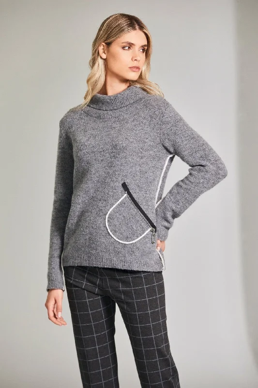 Grey Contrast Seam Knit Jumper Front Pockets Side Pockets Patch Pockets