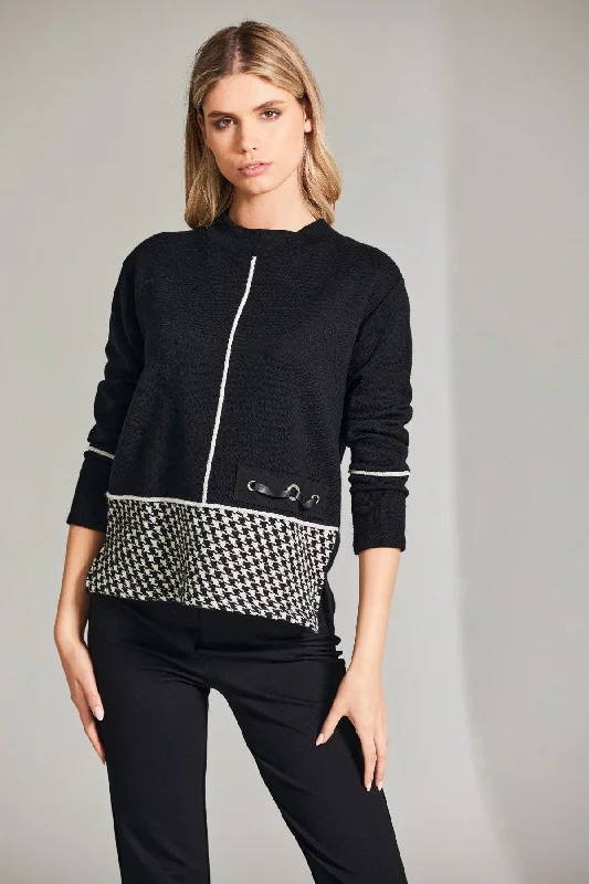 Herringbone Trim Knit Jumper Solid Print Embellished