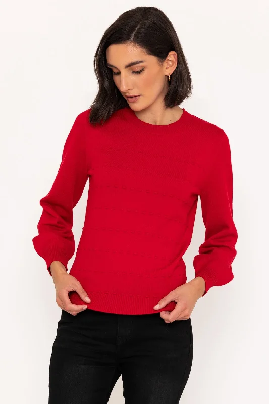 Horizontal Stitch Knit Jumper in Red Fitted Slim Tailored