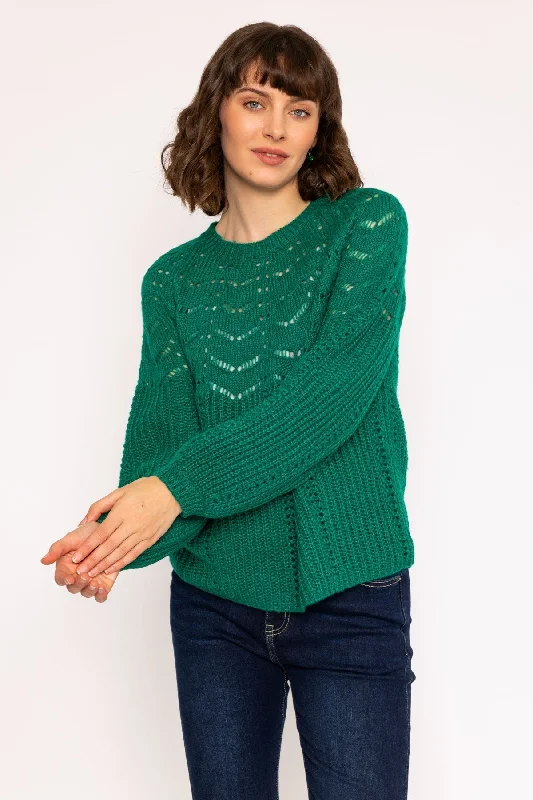 Knit Jumper with Bell Sleeves in Green Zippered Buttoned Snapped