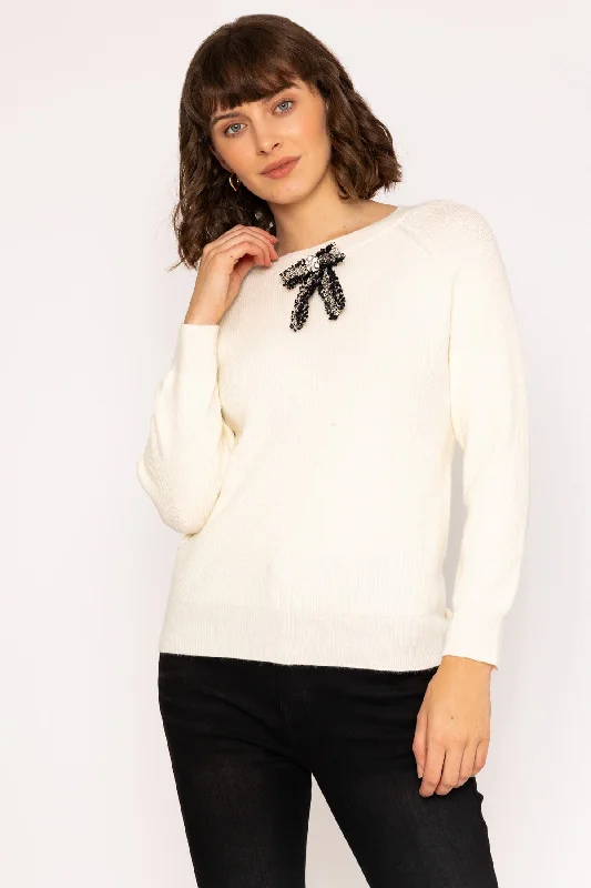 Long Sleeve Bow Knit Jumper in Ivory Ribbed Striped Patterned