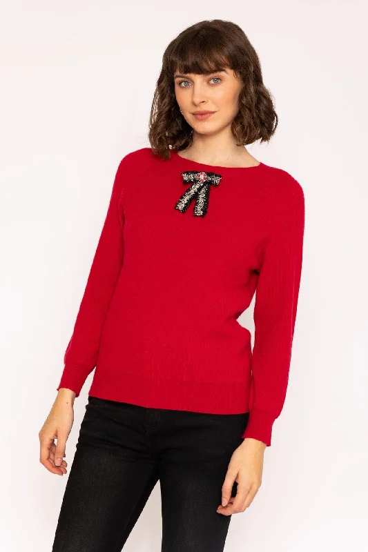 Long Sleeve Bow Knit Jumper in Red Zippered Front Buttoned Front Snap Front