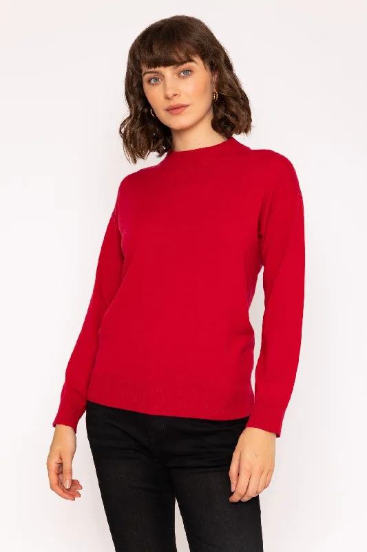 Mock High Neck Knit Jumper in Red Silk Blend Satin Velvet