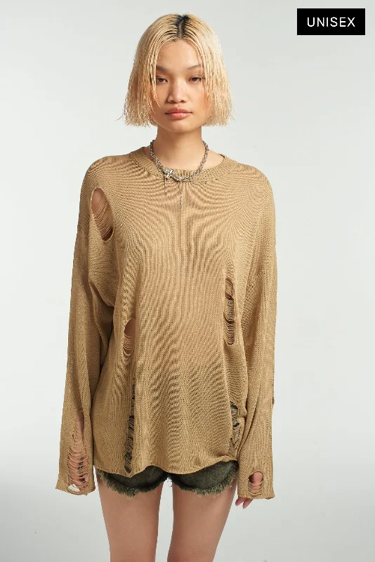 Drifter Distressed Open Knit Jumper Toggled Drawstring Belted