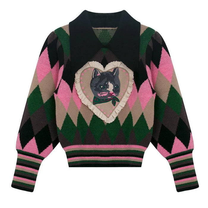 Preppy Cat Argyle Collar Jumper Handmade Hand-knitted Hand-woven