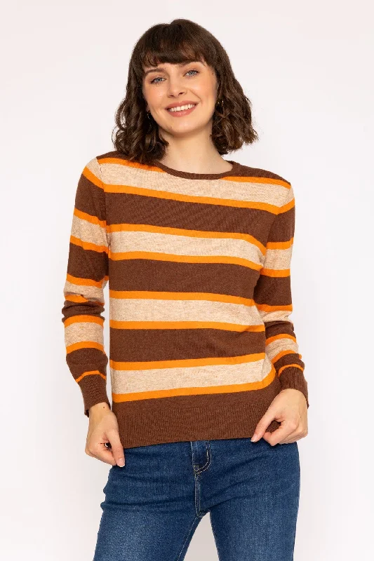 Soft Touch Stripe Knit Jumper in Brown Hooded Sweater Collared Sweater Shawl Collar