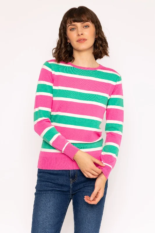 Soft Touch Stripe Knit Jumper in Pink & Green Boxy Sweater Fitted Sweater A-Line