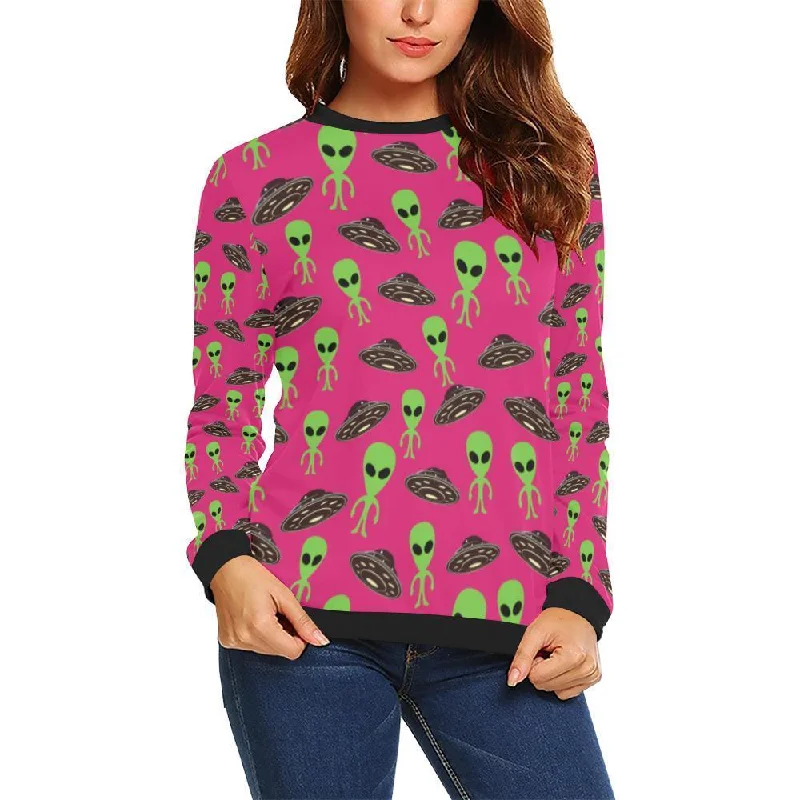 Alien Ufo Pink Pattern Print Women's Sweatshirt Hoodie with Crew Neck Simple Timeless