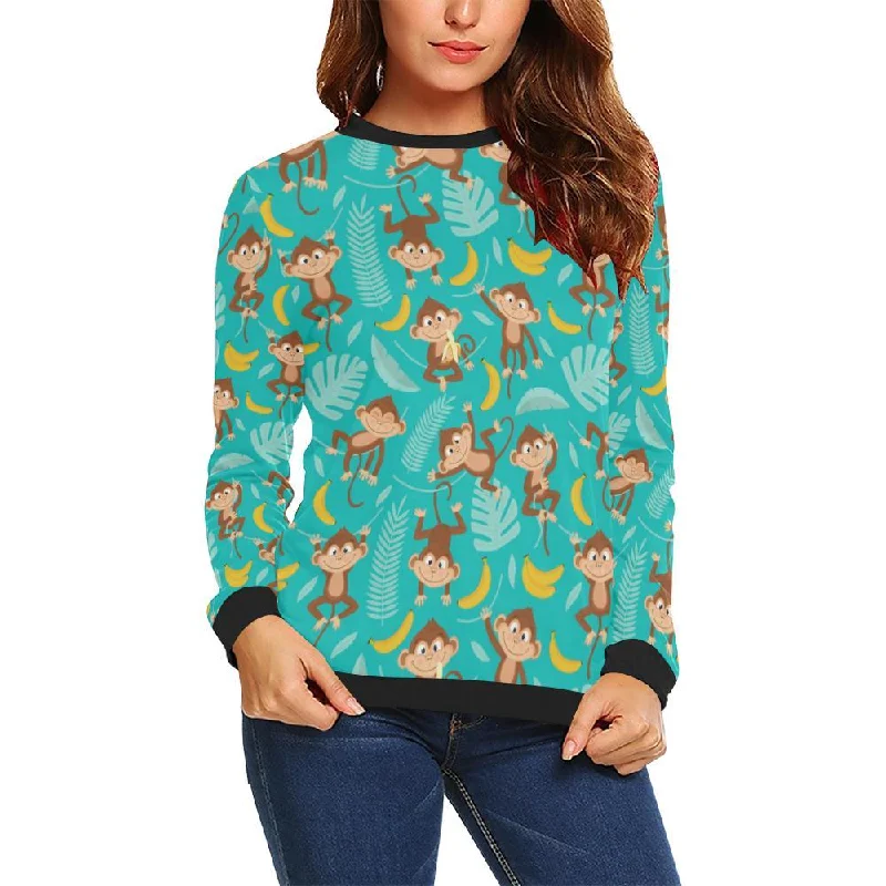 Banana Monkey Pattern Print Women Crewneck Sweatshirt Hoodie with Earth Tones Natural Calm