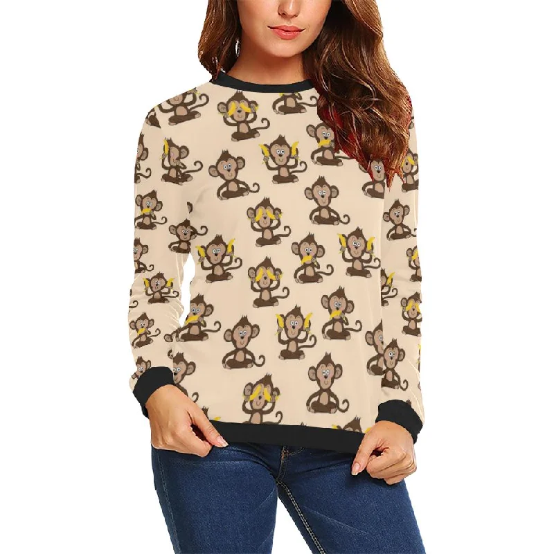 Banana Monkey Print Pattern Women Crewneck Sweatshirt Hoodie with Hem Raw Edge Edgy Unfinished