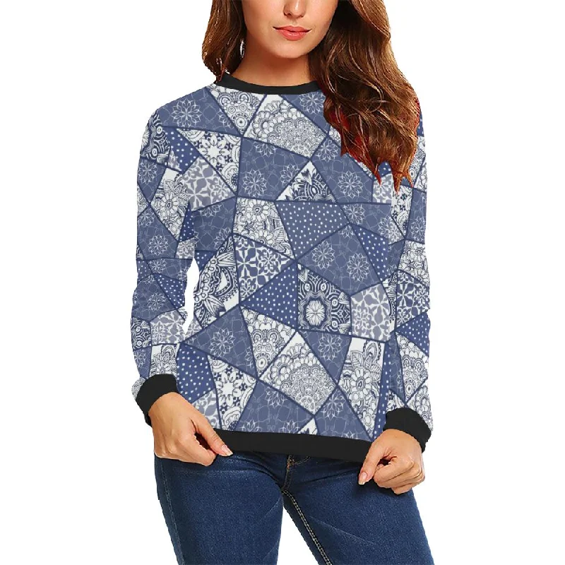 Blue Patchwork Pattern Print Women Crewneck Sweatshirt Hoodie with Pocket Utility Practical