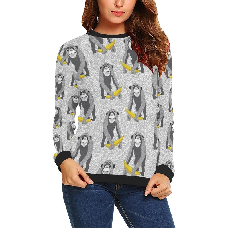 Chimp Monkey Banana Pattern Print Women Crewneck Sweatshirt Hoodie with Slit Hem Functional Movement