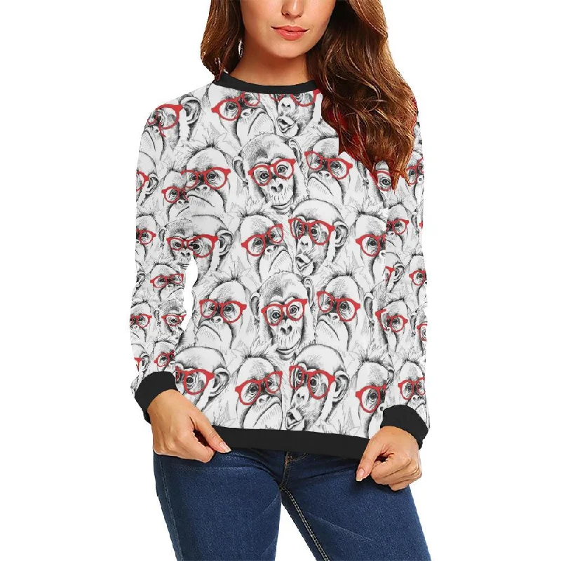 Chimp Monkey Pattern Print Women Crewneck Sweatshirt Hoodie with Neon Bright Vibrant