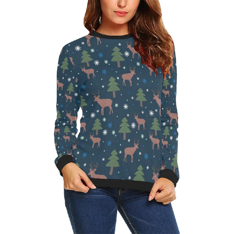 Christmas Tree Moose Pattern Print Women Crewneck Sweatshirt Hoodie with Cuffed Sleeves Snug Secure