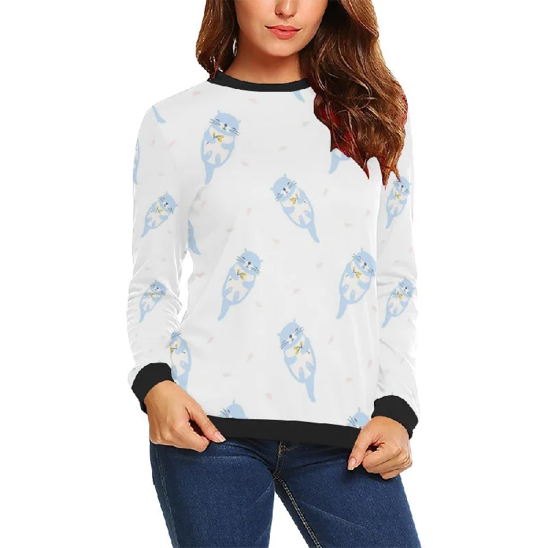 Cute Otter Pattern Print Women Crewneck Sweatshirt Hoodie with Puffed Sleeves Voluminous Trendy