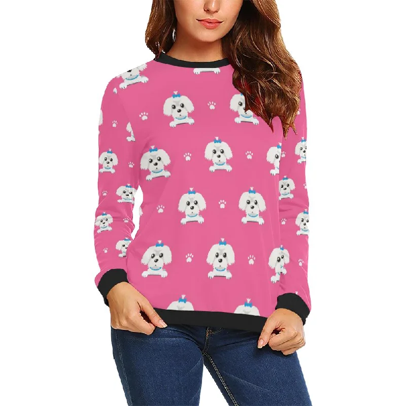 Dog Maltese Puppy Pattern Print Women Crewneck Sweatshirt Hoodie with Embroidery Detailed Premium