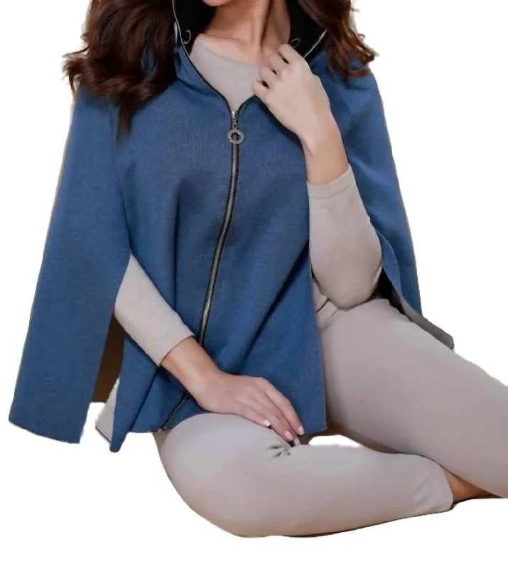 High Slit Detachable Hooded Poncho In Denim Stone Hoodie with Raglan Sleeves Sporty Comfortable