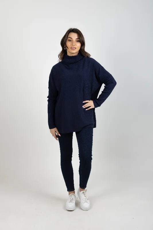 HORIZON RELAXED JUMPER NAVY Cable Knit Ribbed Knit Lace Knit