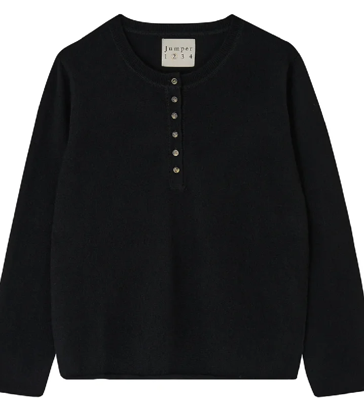 Jumper Cashmere Henley Black Houndstooth Herringbone Solid