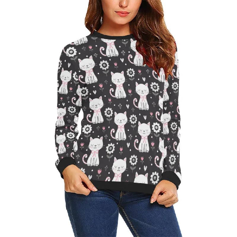 Kitten Floral Cat Pattern Print Women Crewneck Sweatshirt Hoodie with Mesh Breathable Sporty