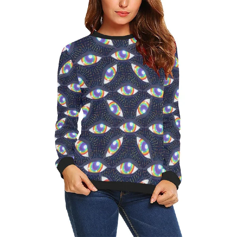 Lgbt Pride Rainbow Eye Pattern Print Women Crewneck Sweatshirt Hoodie with Hem Patch Decorative Personalized