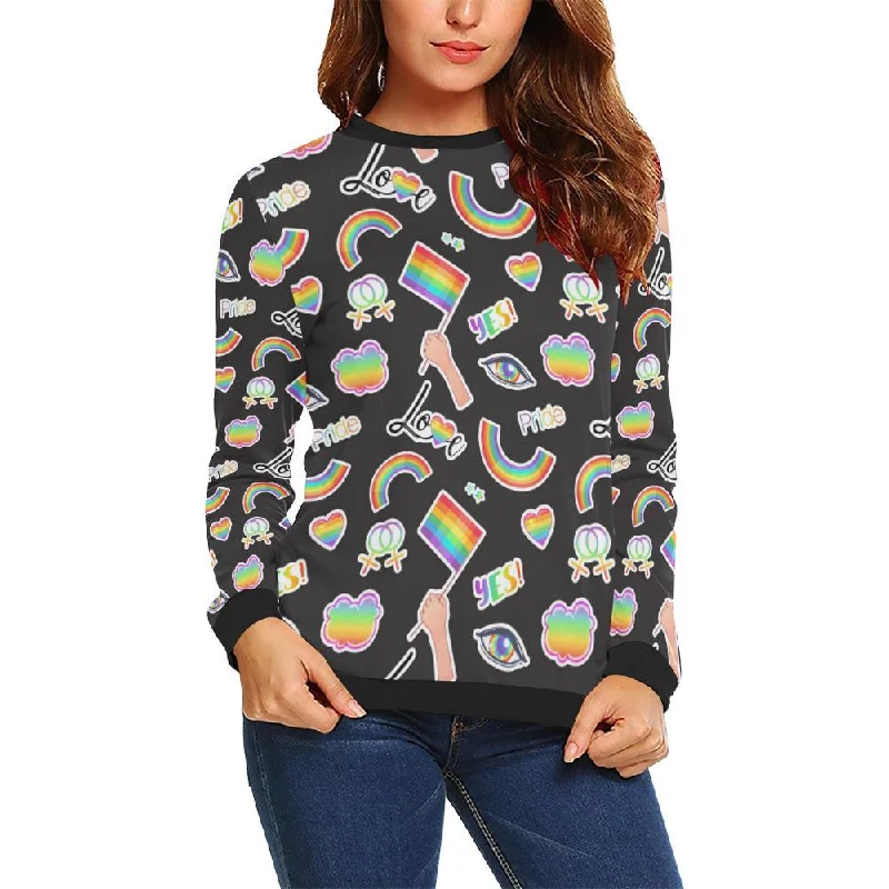 Lgbt Pride Rainbow Pattern Print Women Crewneck Sweatshirt Hoodie with Hem Lace Feminine Delicate