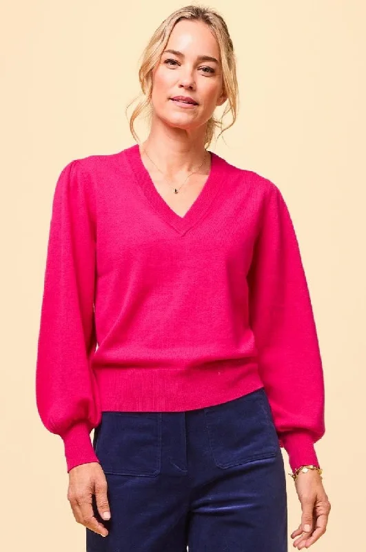 Merino Wool V-neck Jumper | Bright Pink Beaded Sweater Sequined Faux Fur