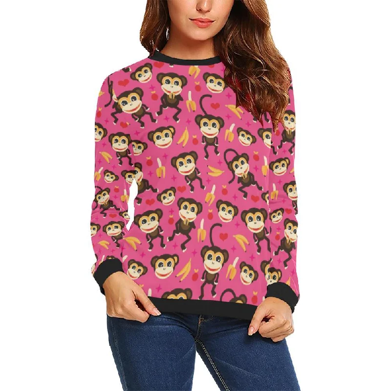 Monkey Banana Pattern Print Women Crewneck Sweatshirt Hoodie with Hem Patch Decorative Personalized