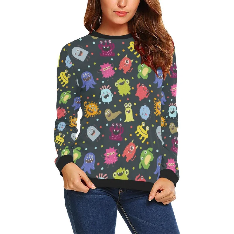 Monster Print Pattern Women Crewneck Sweatshirt Hoodie with Button Placket Classic Preppy