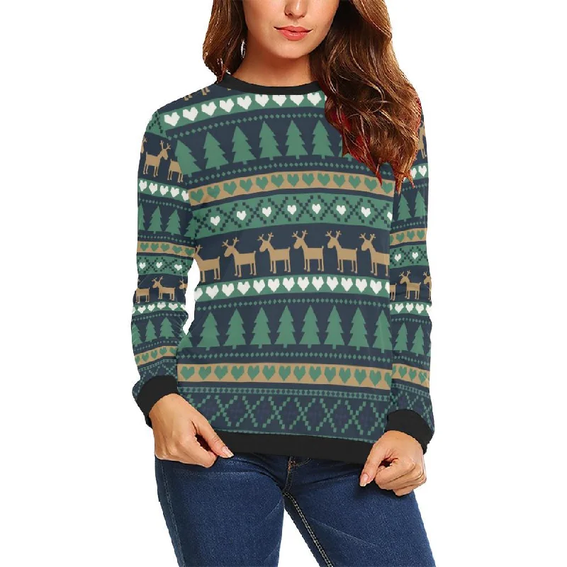 Moose Christmas Tree Pattern Print Women Crewneck Sweatshirt Hoodie with Applique Textured Unique