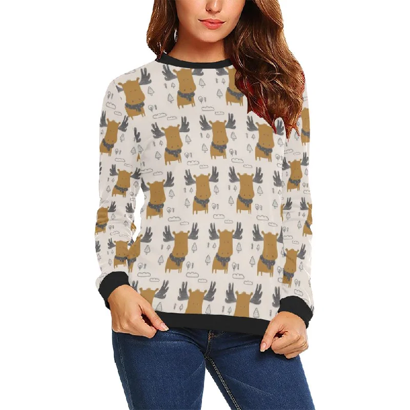 Moose Print Pattern Women Crewneck Sweatshirt Hoodie with Rhinestones Sparkly Elegant