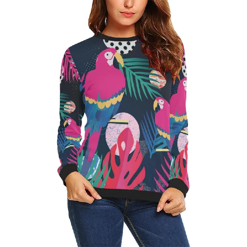 Parrot Bird Floral Pattern Print Women Crewneck Sweatshirt Hoodie with Color Block Contrast Stylish