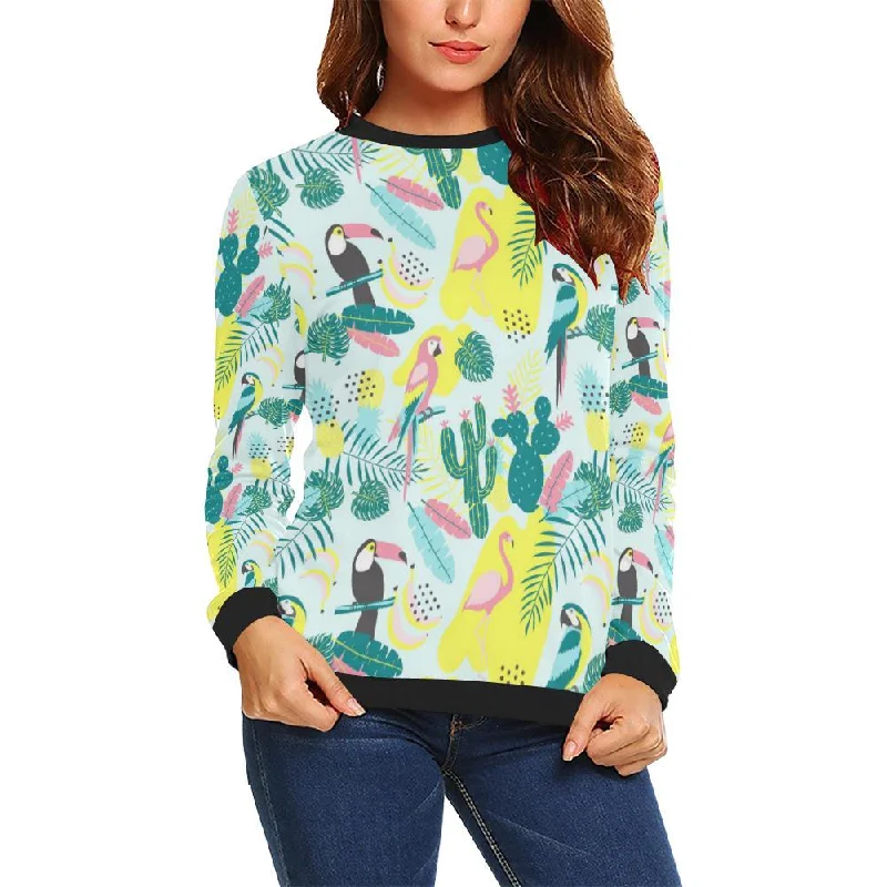 Pastal Parrot Bird Floral Pattern Print Women Crewneck Sweatshirt Hoodie with Strings Custom Fit Adjustable