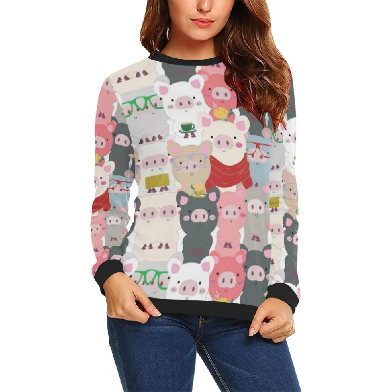 Pattern Print Pig Women Crewneck Sweatshirt Hoodie with Hem Detail Decorative Unique