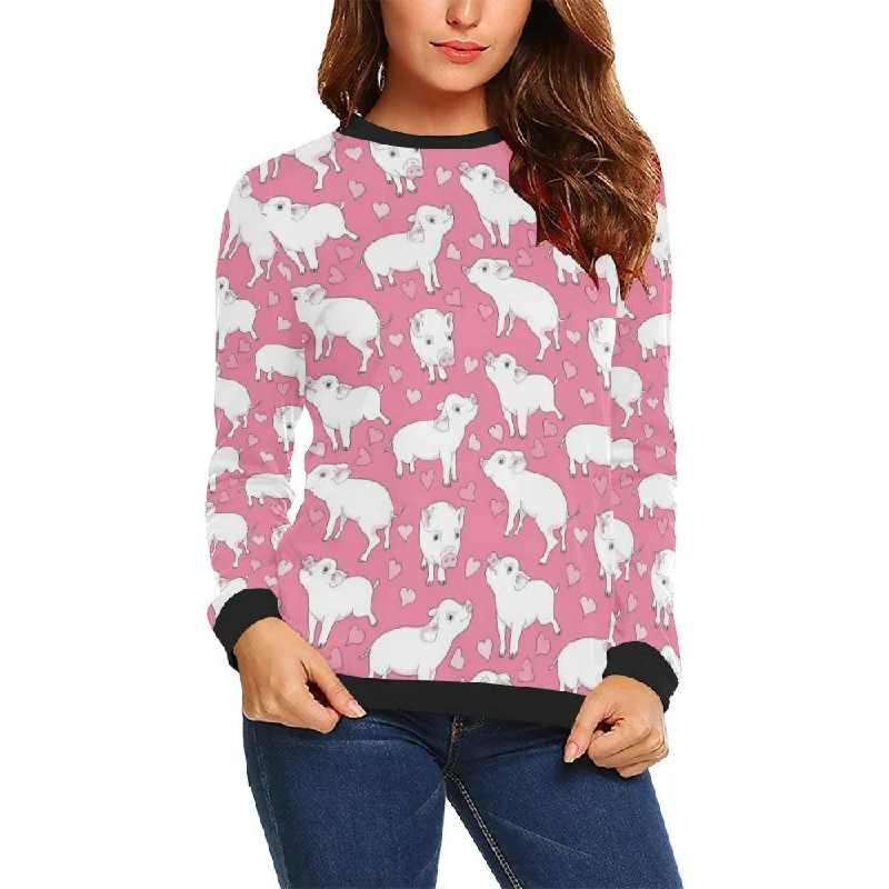 Pig Heart Pattern Print Women Crewneck Sweatshirt Hoodie with Front Slit Layering Stylish