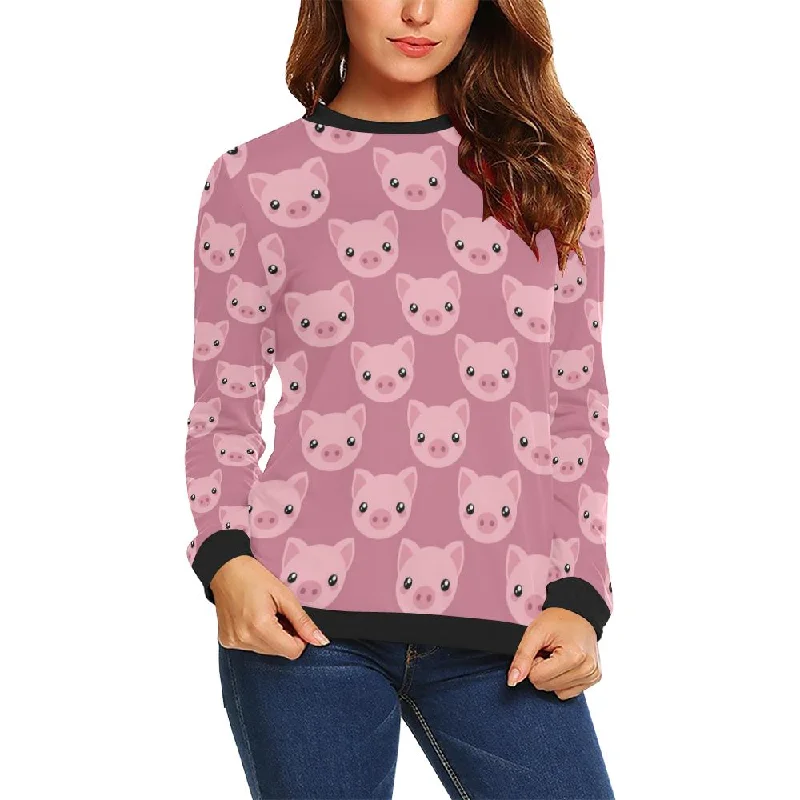 Pig Print Pattern Women Crewneck Sweatshirt Hoodie with Hem Elastic Stretchable Comfortable