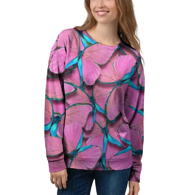 Pink And Blue Butterfly Print Women's Sweatshirt Hoodie with Drawcord Adjustable Secure