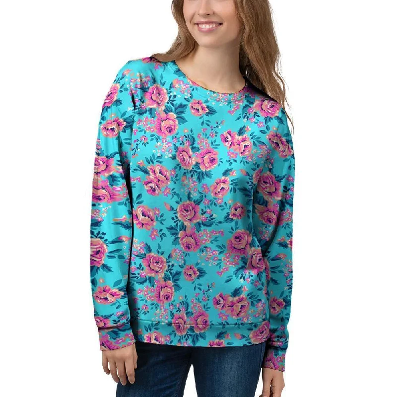 Pink And Blue Rose Floral Women's Sweatshirt Hoodie with Patch Decorative Personalized