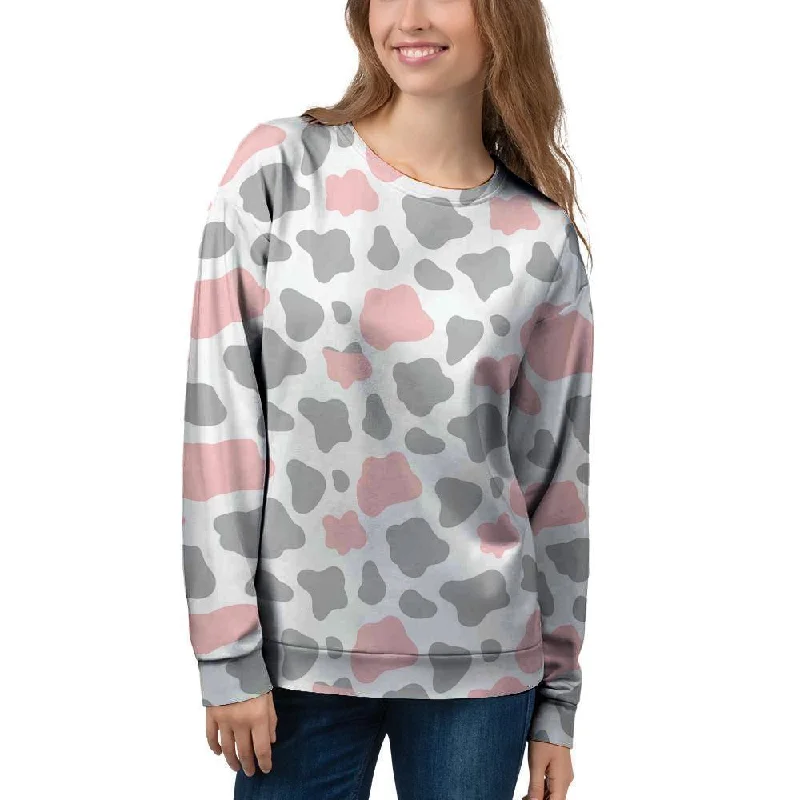 Pink And Grey Cow Print Women's Sweatshirt Hoodie with Strings Custom Fit Adjustable